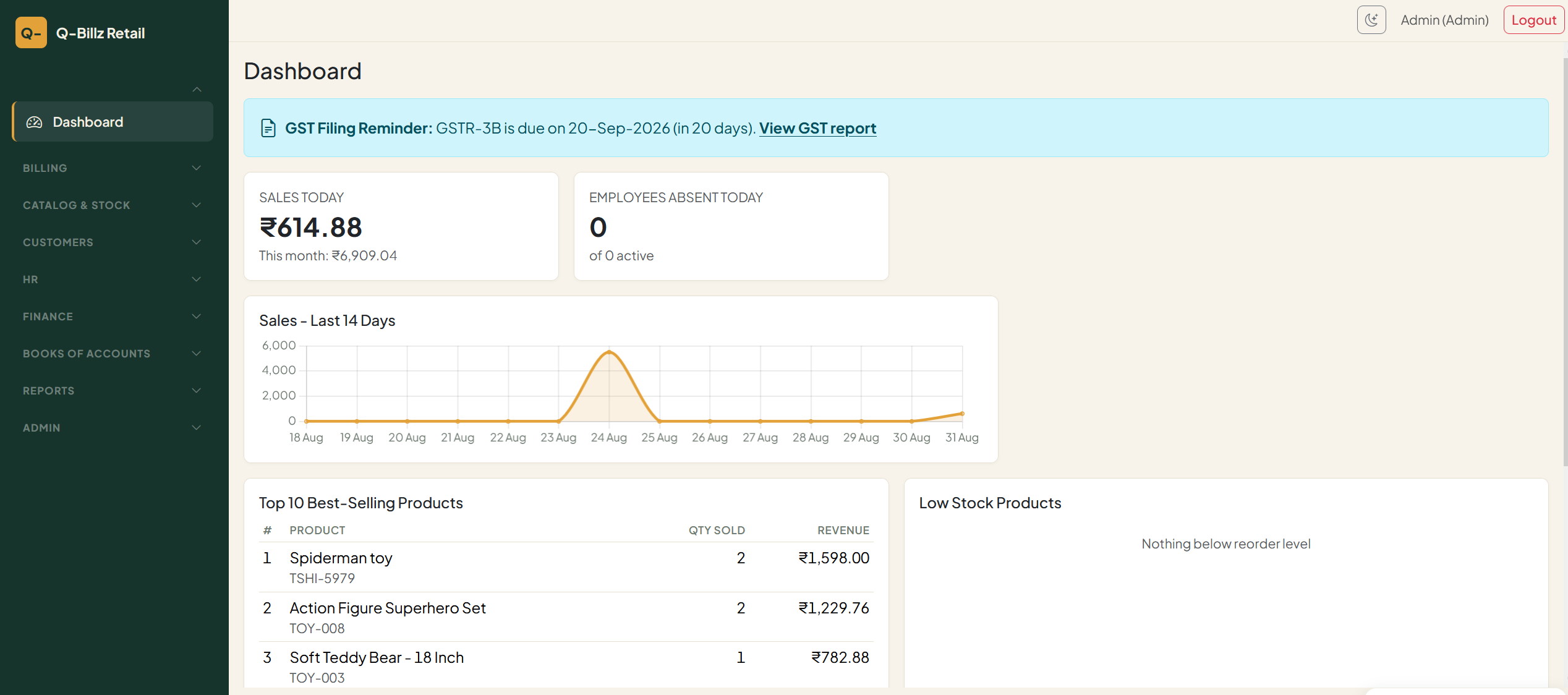 qbillz Dashboard — today's sales, 14-day sales chart, GST filing reminder and best-selling products